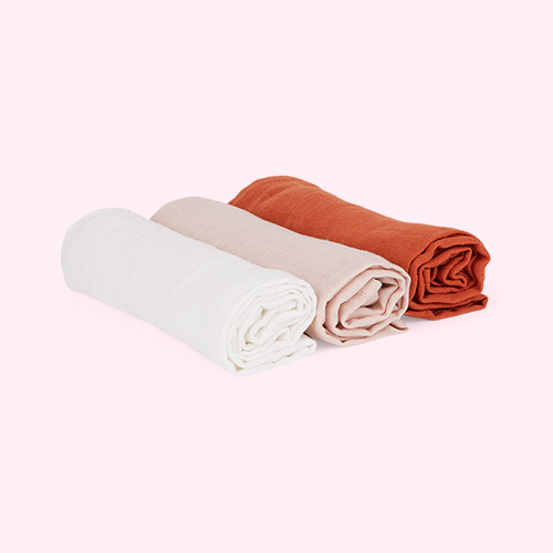Powder Pink/Milky/Rust Lassig 3-pack Muslin & Burp Blanket