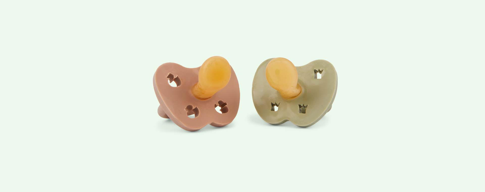 Tan Beige & Moss Green Hevea 2-pack Colourful Natural Rubber Orthodontic Pacifier