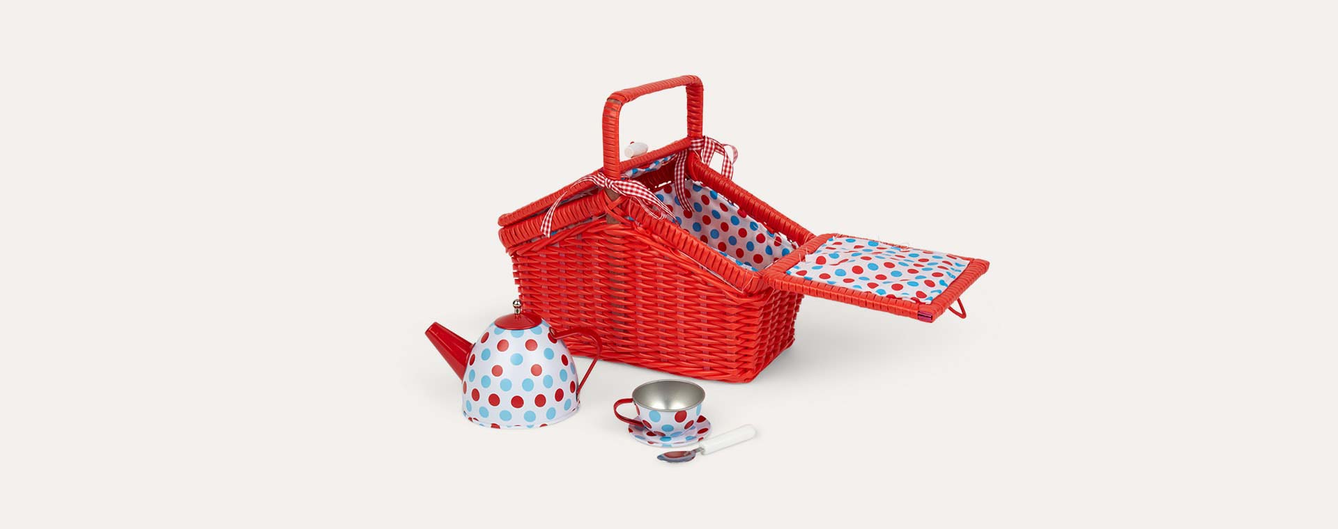 Oojami Childrens Tin Tea Set with Polka Dots Includes a Basket 